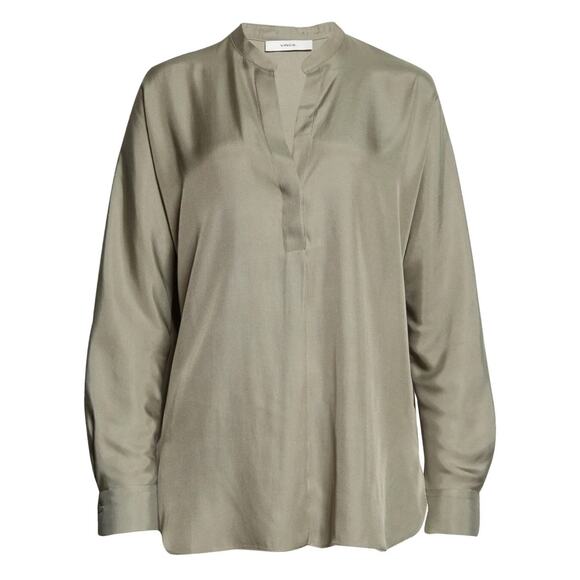 Vince Split Neck Silk Blend Tunic Blouse Long Sleeve Moss Green Size XS NWT - Picture 2 of 11